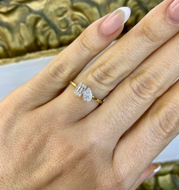 Petite 14kt Yellow Gold Square and Pear shape Toi Et Moi Diamond