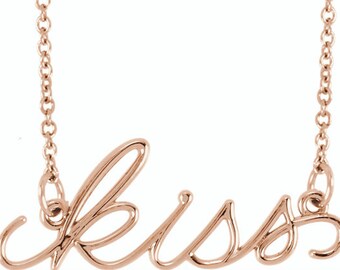 Any Color 14kt Gold "Kiss" Script Necklace