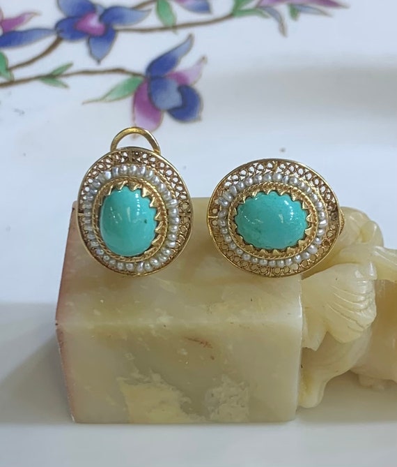 14kt Yellow Gold Vintage Turquoise And Seed Pearl… - image 5