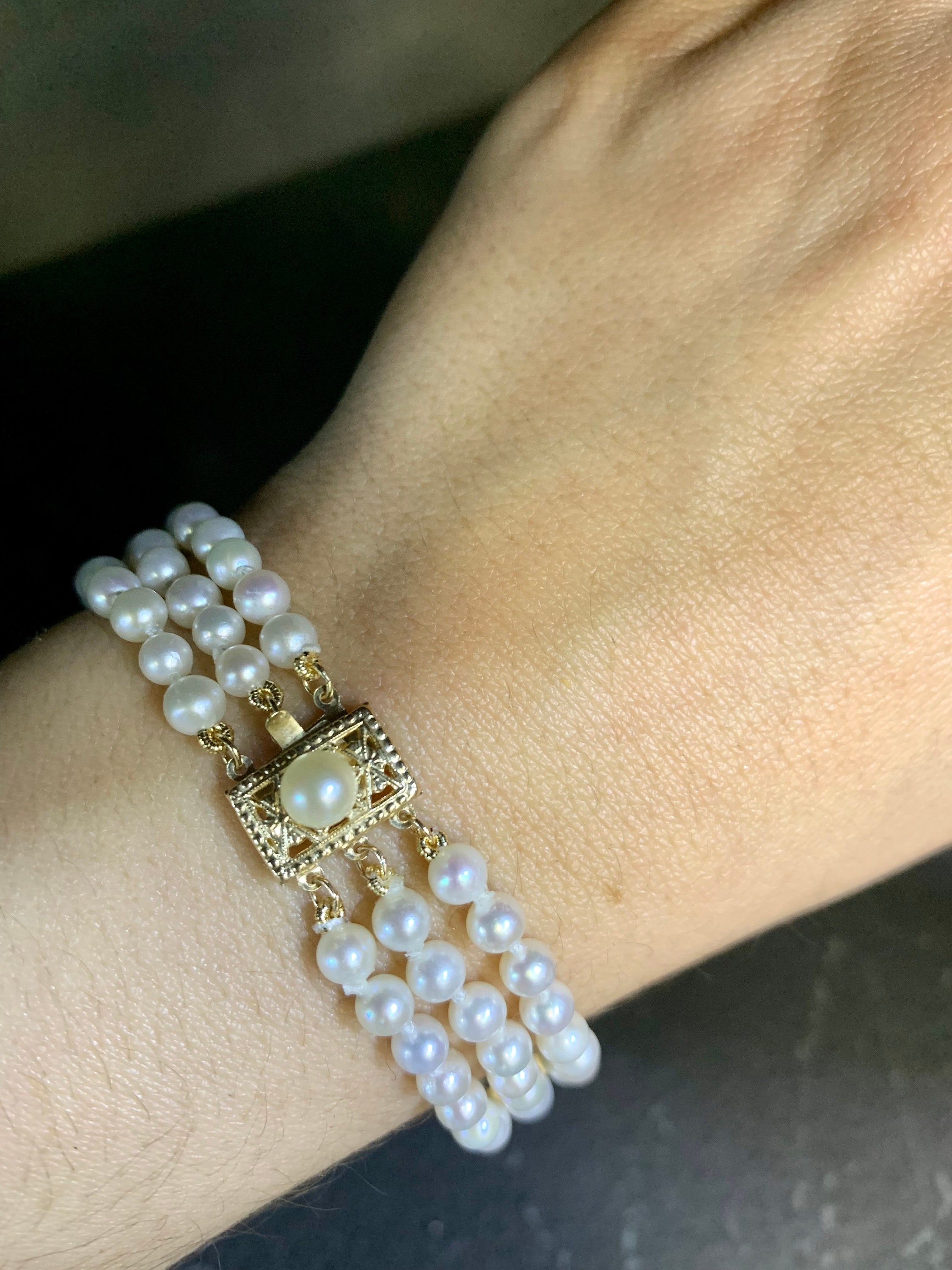 14kt Yellow Gold Vintage Style Three Strand Pearl Bracelet Etsy