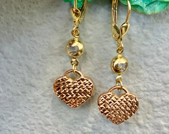 14kt Yellow And Rose Gold Diamond-Cut Heart Drop Earrings