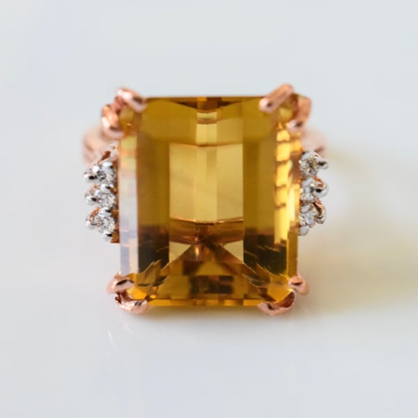 14kt Rose Gold Emerald-cut Citrine And Diamond Ring