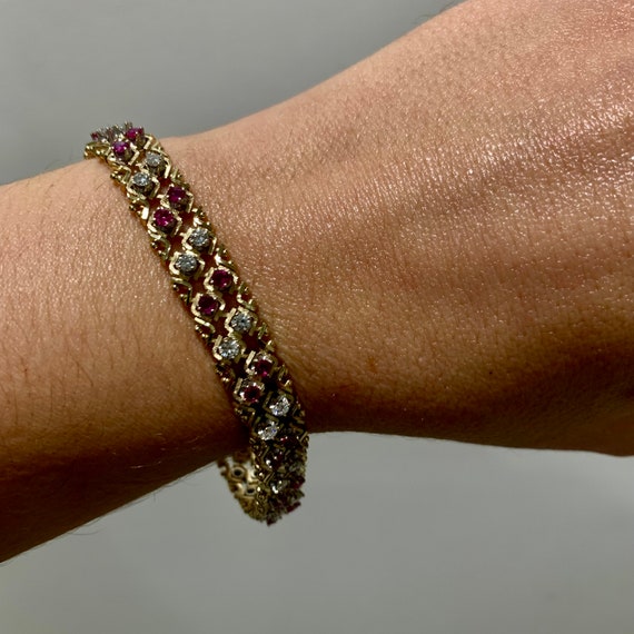 Vintage 14kt Yellow Gold Ruby And Diamond Bracelet - image 3