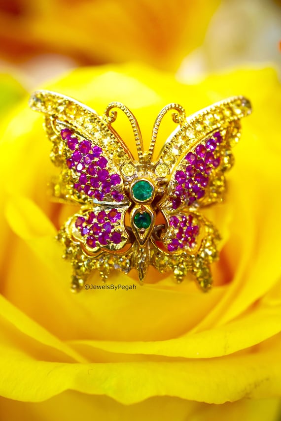 14kt Gold Multi-gemstone Butterfly Ring - Etsy