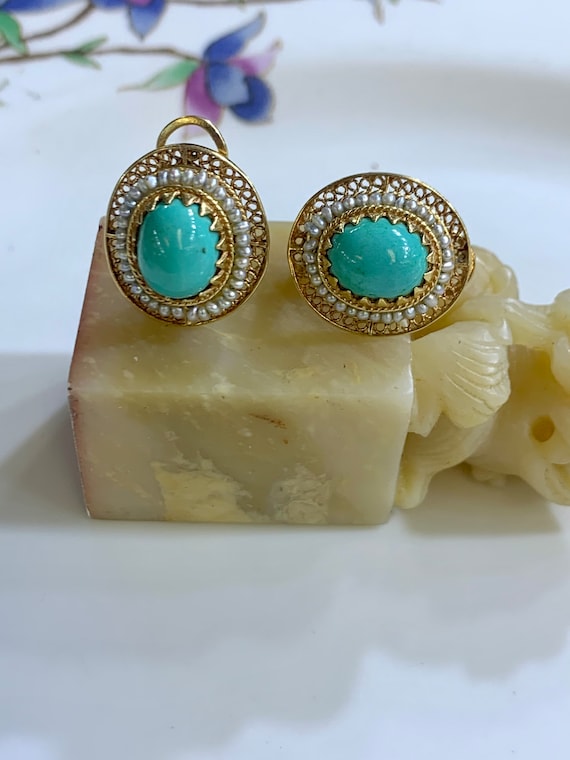 14kt Yellow Gold Vintage Turquoise And Seed Pearl… - image 1