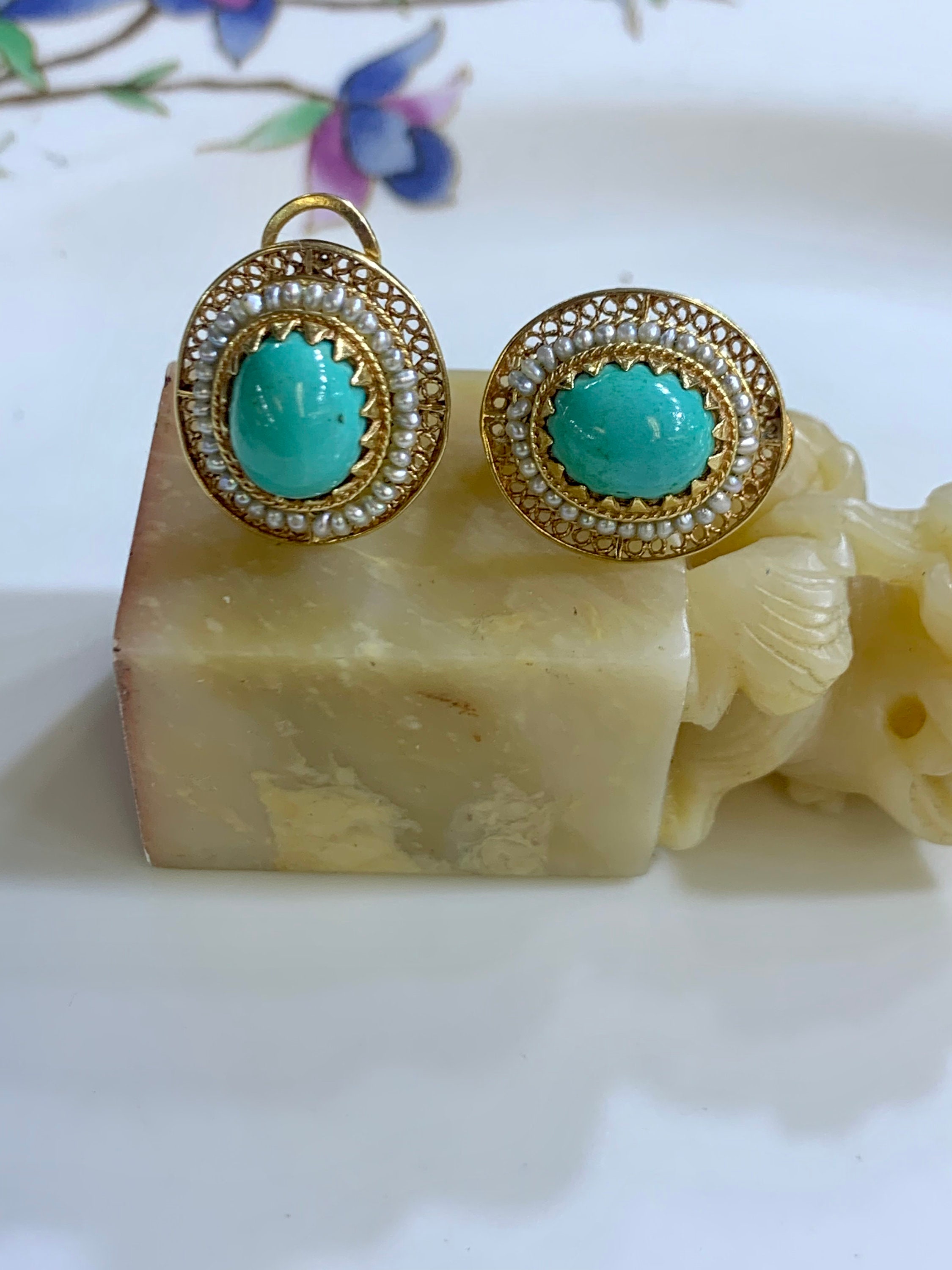 14kt Yellow Gold Vintage Turquoise and Seed Pearl Earrings Etsy
