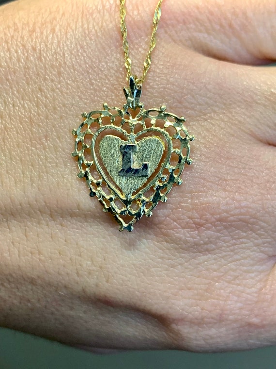 Vintage 14kt Bi-Color Gold Diamond Heart L Initial