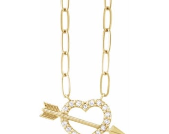 14kt White, Yellow Or Rose Gold Diamond Heart & Arrow Elongated Link Cable Necklace