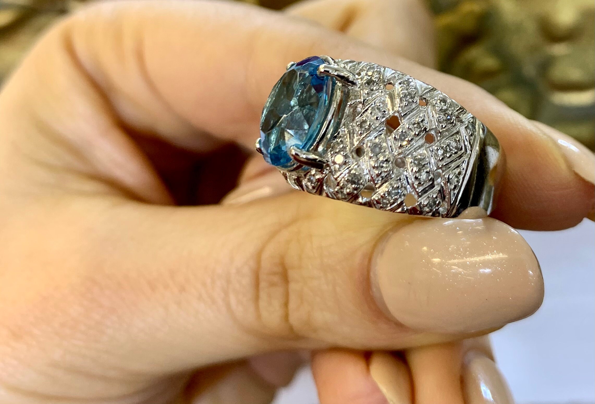 1.02 CTW 14K Solid White Gold Ring – Natural Blue Topaz & Diamond Accents, December Birthstone