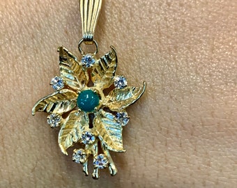 Vintage 14kt Yellow Gold Floral Turquoise And Diamond Necklace