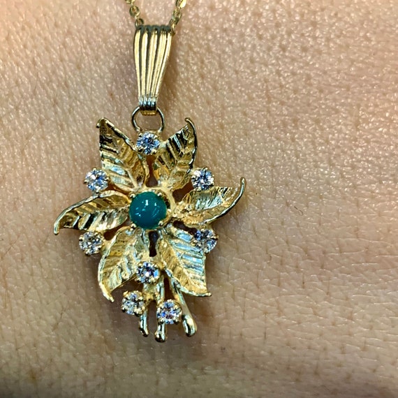 Vintage 14kt Yellow Gold Floral Turquoise And Dia… - image 1