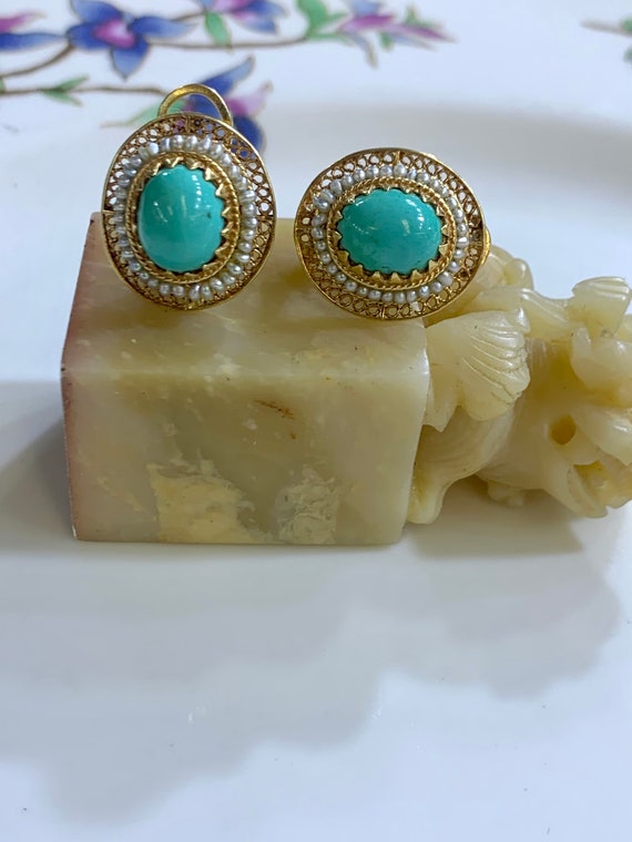 14kt Yellow Gold Vintage Turquoise And Seed Pearl… - image 3