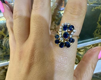 14kt Yellow Gold Vintage Diamond And Sapphire Cocktail Ring