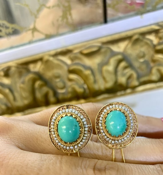 14kt Yellow Gold Vintage Turquoise And Seed Pearl… - image 9