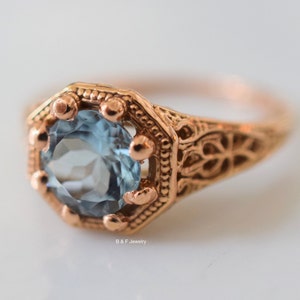 Vintage Style 14kt Rose Gold Aquamarine Filigree  Ring