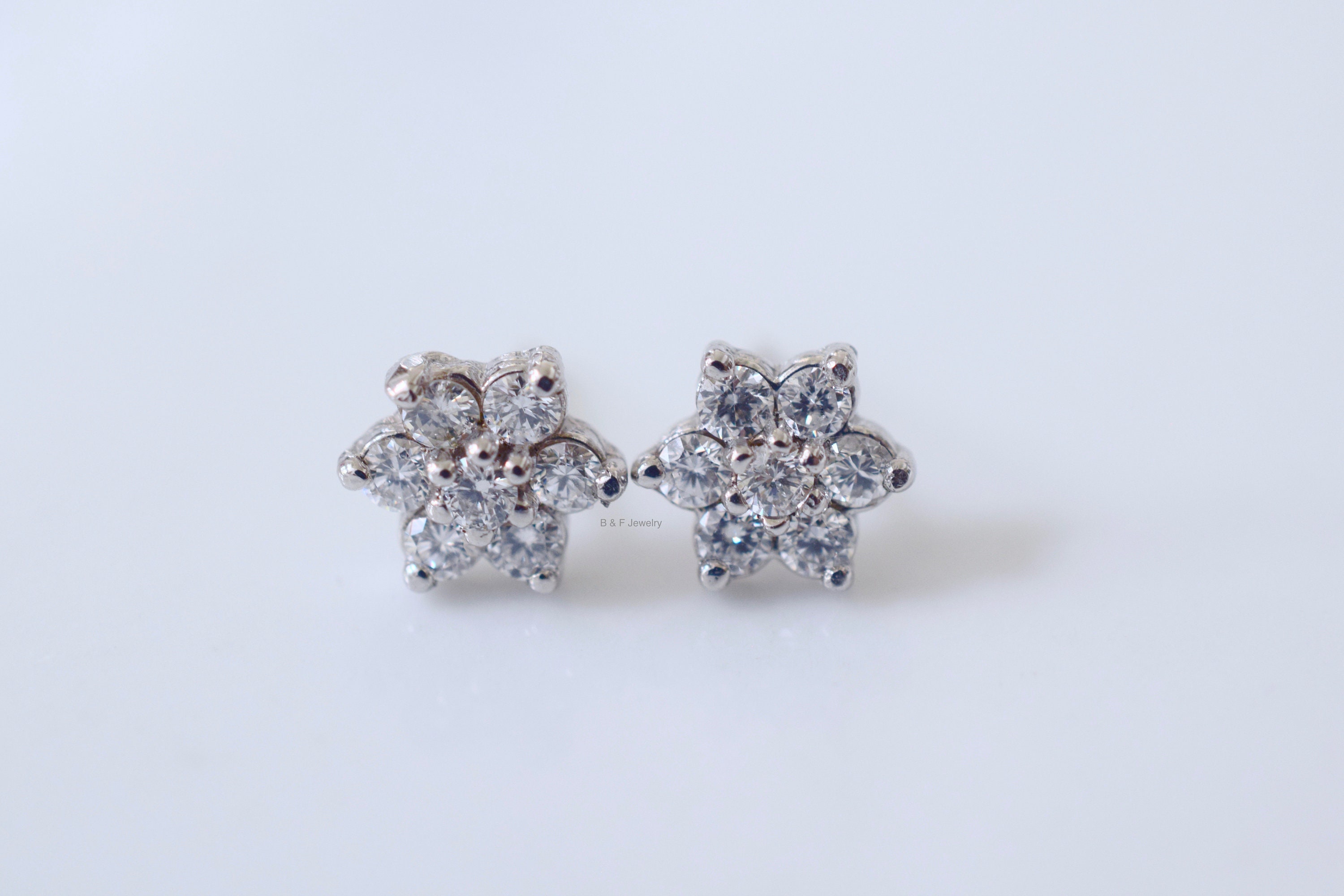 14kt White Gold Diamond Flower Stud Earrings Has Matching Necklace