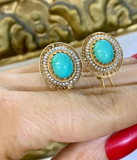 14kt Yellow Gold Vintage Turquoise And Seed Pearl… - image 7