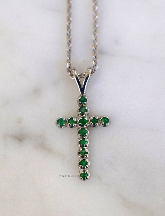 14kt White Gold Emerald Cross Necklace 