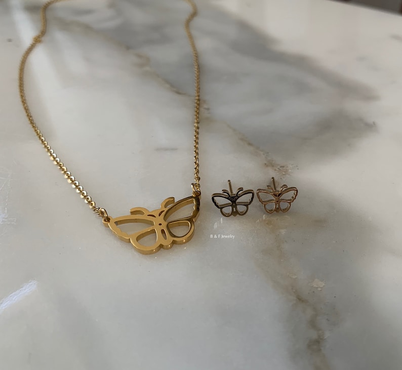 Gold Dipped Butterfly Necklace And Earring Set