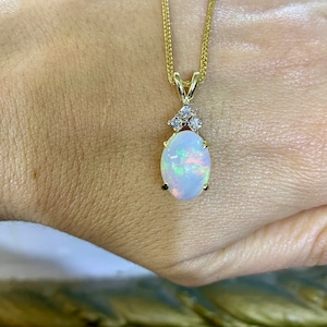 14K Yellow Gold Oval Opal And Diamond Necklace