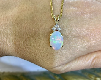 14K Yellow Gold Oval Opal And Diamond Necklace