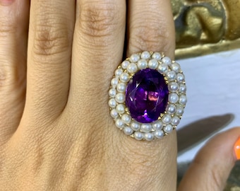 14kt Yellow Gold Vintage Amethyst And Pearl  Ring