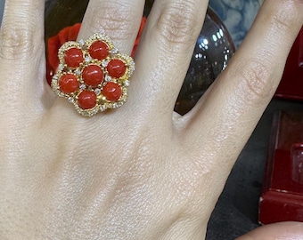 18kt Yellow Gold Orange Coral And Diamond Floral Cocktail Ring