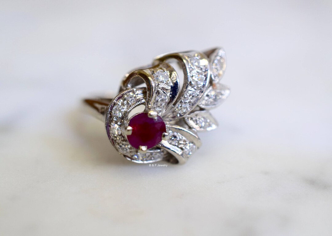 Vintage 14kt White Gold Ruby and Diamond Ring - Etsy