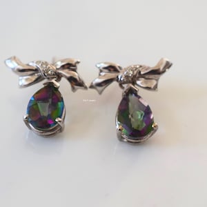 14kt White Gold Bow Design Pear Shape Mystic Topaz And Diamond Dangle Earrings
