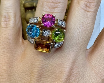 14kt Yellow Gold Multi-Color Gemstone And Diamond Ring