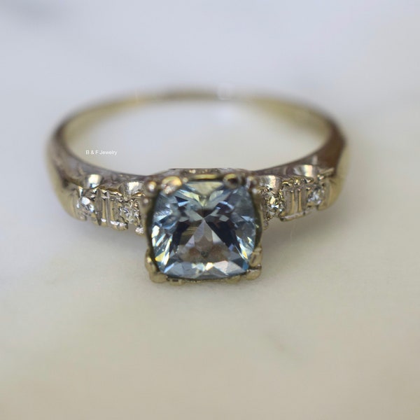 Vintage Cushion Cut Aquamarine And Diamond Engagement Ring