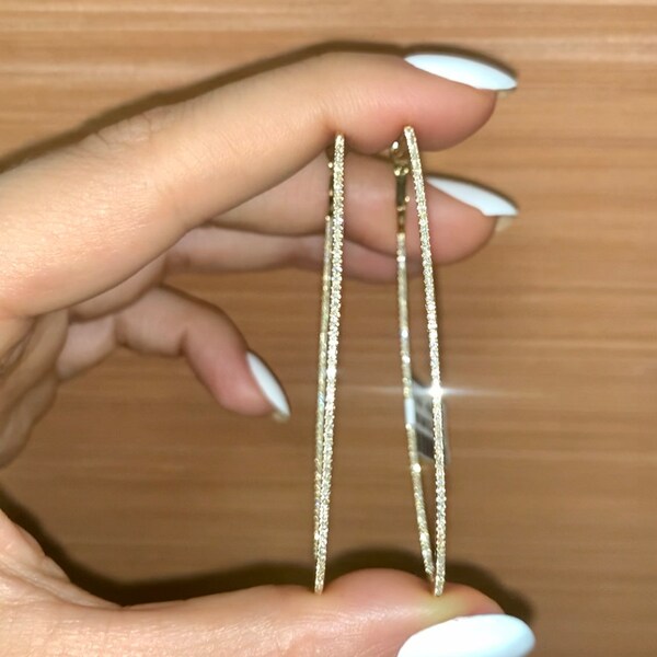 14kt Yellow Gold Inside Out 2 inch Oval Diamond Hoop Earrings