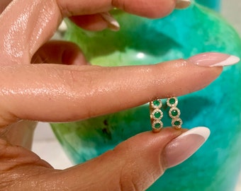 14kt Yellow Gold Petite Diamond And Emerald Halo Huggie Hoop Earrings