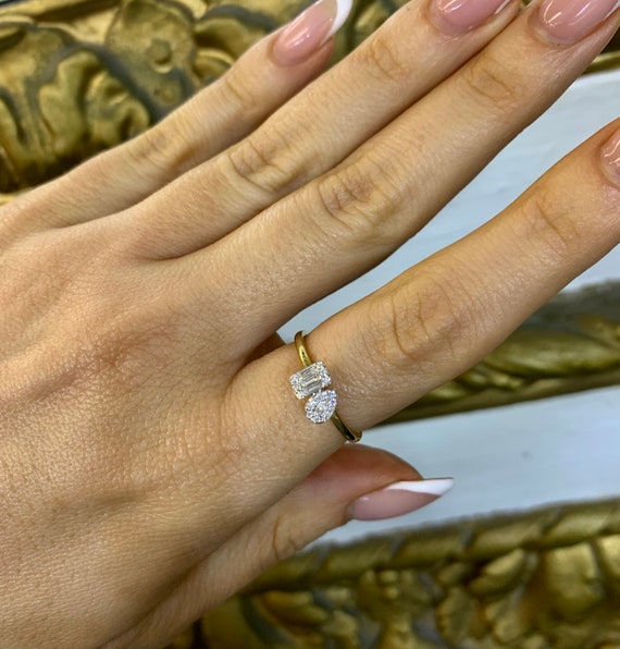 Petite 14kt Yellow Gold Square and Pear shape Toi Et Moi Diamond
