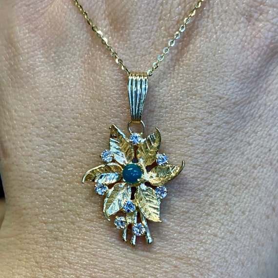 Vintage 14kt Yellow Gold Floral Turquoise And Dia… - image 2