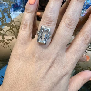 14kt White Gold Art Deco Filigree Pale Radiant-Cut Aquamarine Ring