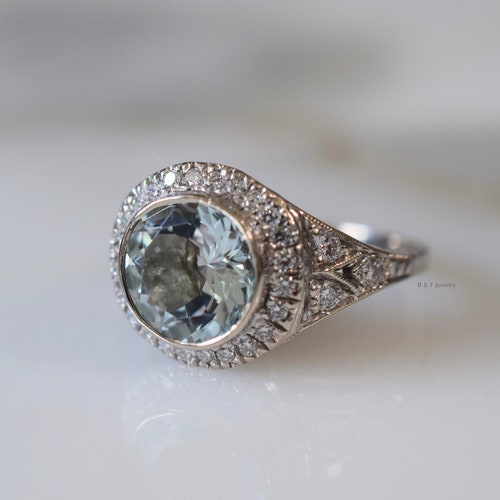 Art Deco Style 14kt White Gold Aquamarine and Diamond Ring - Etsy