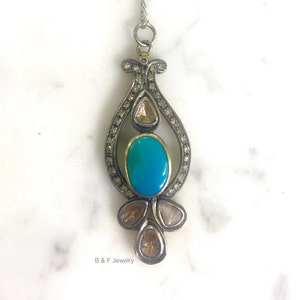 14kt Yellow Gold And Silver Vintage Style Turquoise And Diamond Necklace