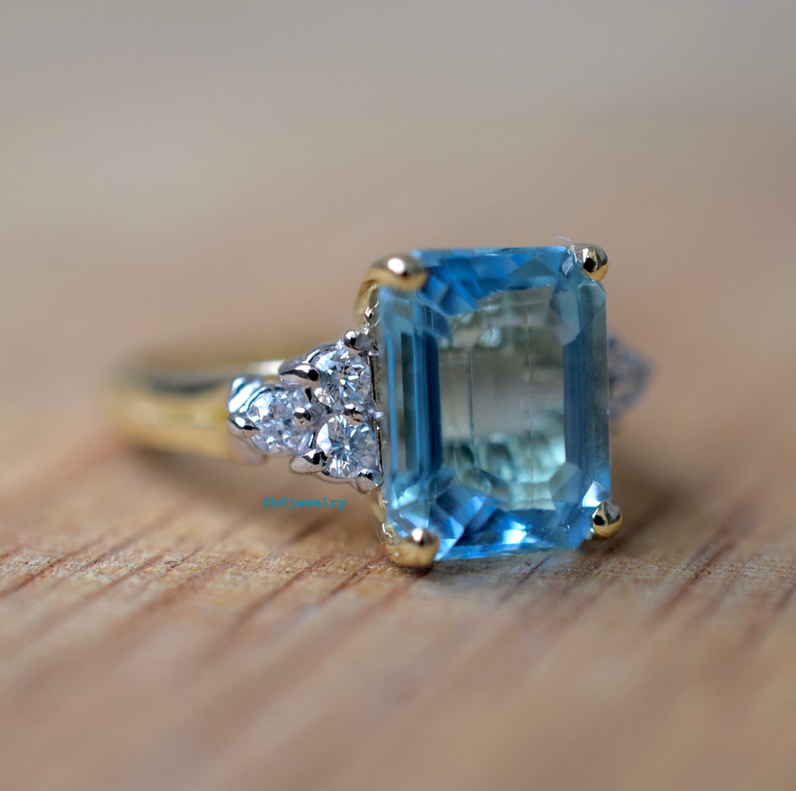 14kt Yellow Gold Emerald Cut Sky Blue Topaz and Diamond Ring - Etsy
