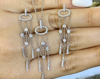 14kt White Gold Modern Diamond Drop Earrings And Matching Necklace