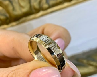14kt White And Yellow Gold His And Hers 6 mm Beveled-Edge Classic Wedding Bands.
