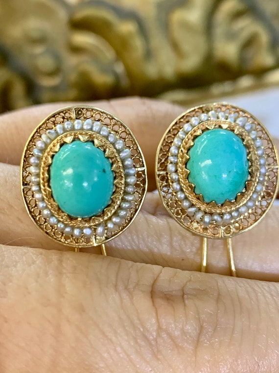 14kt Yellow Gold Vintage Turquoise And Seed Pearl… - image 10