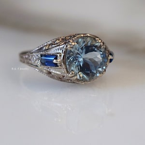 Art Deco Style 14kt White Gold Aquamarine And Sapphire Ring