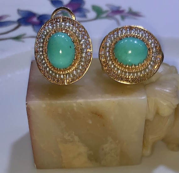 14kt Yellow Gold Vintage Turquoise And Seed Pearl… - image 6