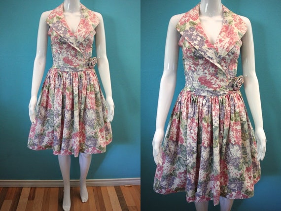 80's Dress 80's Floral Hydrangea Print Halter Styl