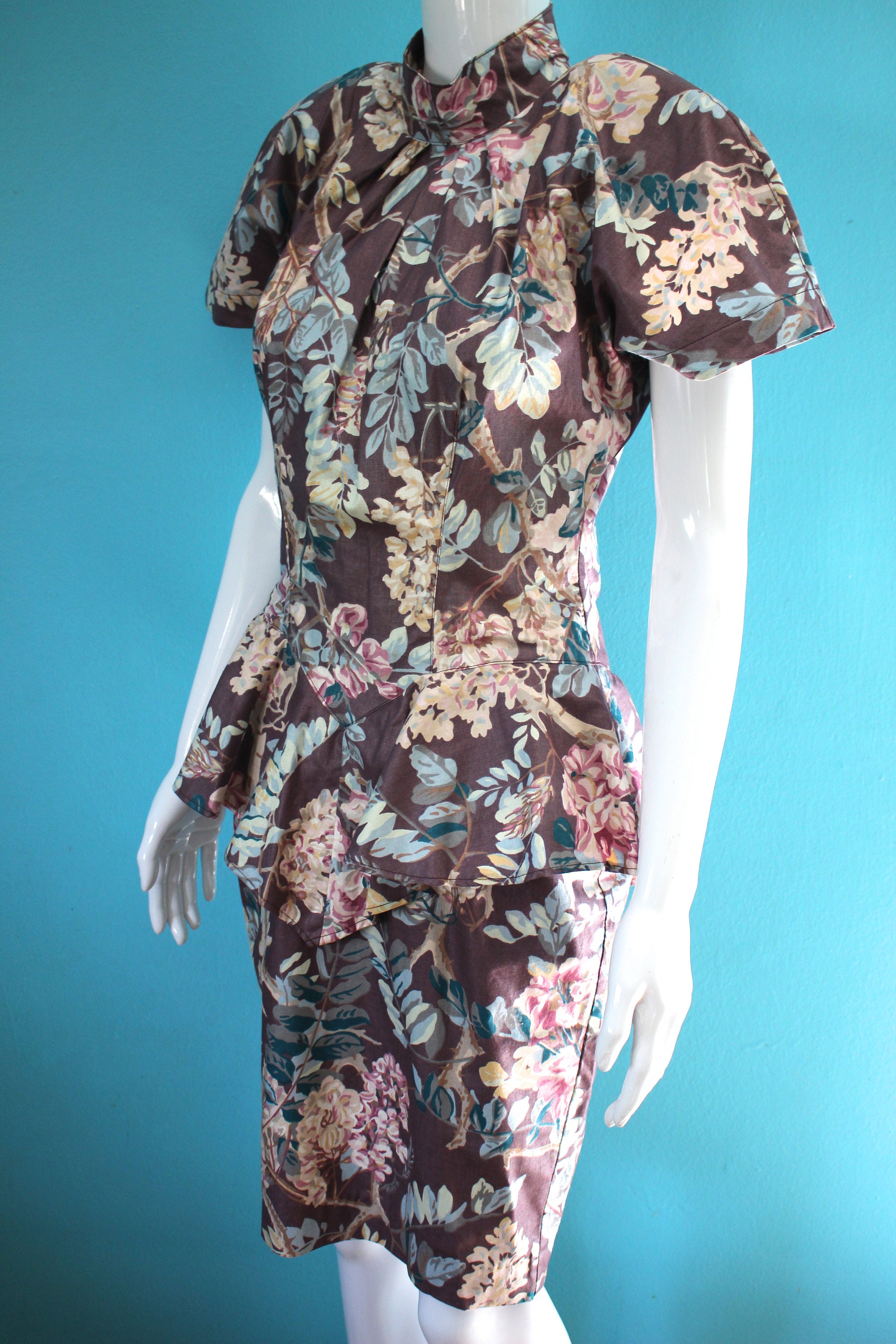 80's Dress 80's Mauve Floral Polished Cotton Peplum - Etsy