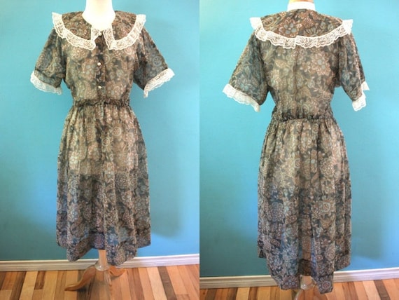 80's Dress 1980's Cottage Core Sheer Floral Day Dr