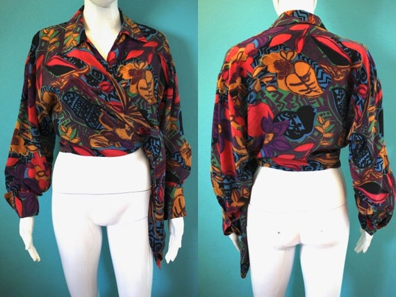 90's Top 1990's Colorful Abstract Print Silk Crop… - image 1