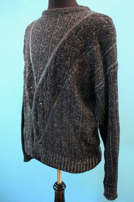 80's Men's Sweater    80's Charcoal Grey Leather … - image 5