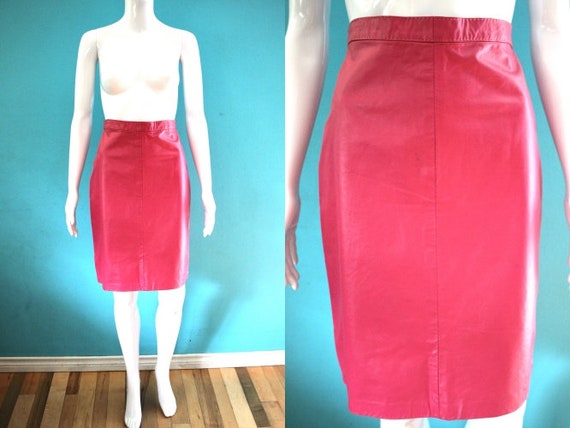 80s Skirt 1980's Rose Pink Leather Pencil Skirt S… - image 1